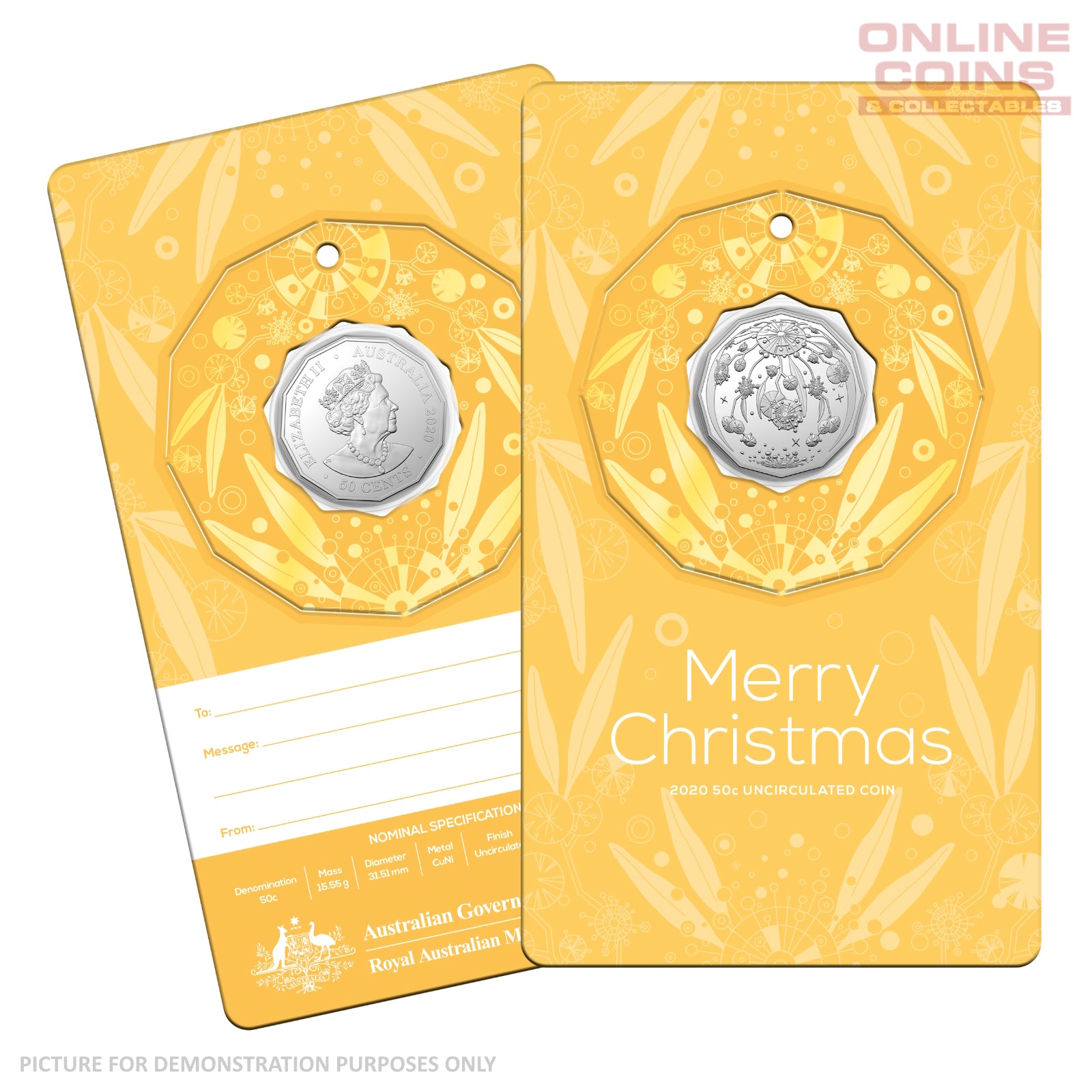 2020 50c CuNi Uncirculated Carded Coin - Christmas Decoration Yellow